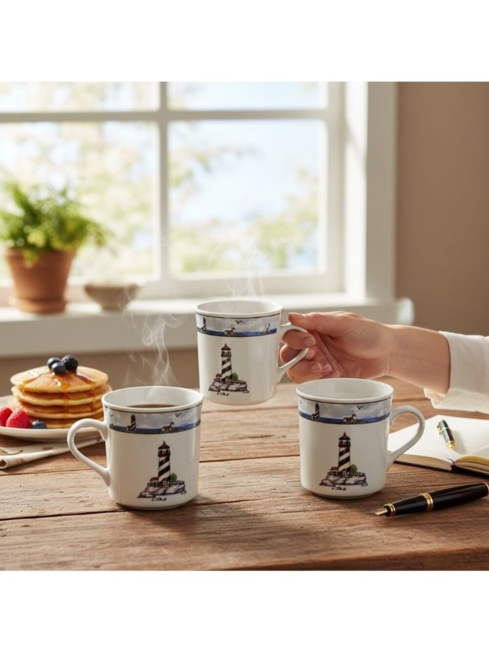 Set Of 3 Totally Today Ceramic Lighthouse-Themed Mugs